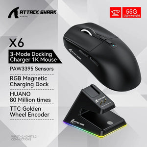 Planet Gates X6 Black X6 PAW3395 Bluetooth Mouse , Tri-Mode Connection, RGB Touch Magnetic Charging Base, Macro Gaming Mouse