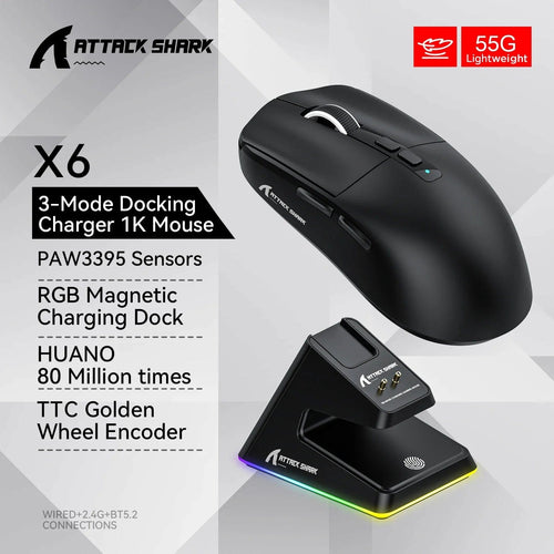 Planet Gates X6 Black X6 PAW3395 Bluetooth Mouse , Tri-Mode Connection, RGB Touch Magnetic Charging Base, Macro Gaming Mouse