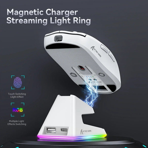Planet Gates X6 PAW3395 Bluetooth Mouse,2.4 Tri-Mode Connection, RGB Touch Magnetic Charging Base, Macro Gaming Mouse