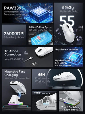 Planet Gates X6 PAW3395 Bluetooth Mouse,2.4 Tri-Mode Connection, RGB Touch Magnetic Charging Base, Macro Gaming Mouse