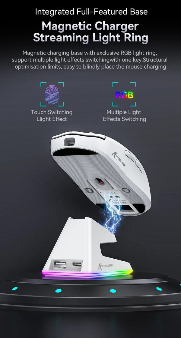 Planet Gates X6 PAW3395 Bluetooth Mouse,2.4 Tri-Mode Connection, RGB Touch Magnetic Charging Base, Macro Gaming Mouse