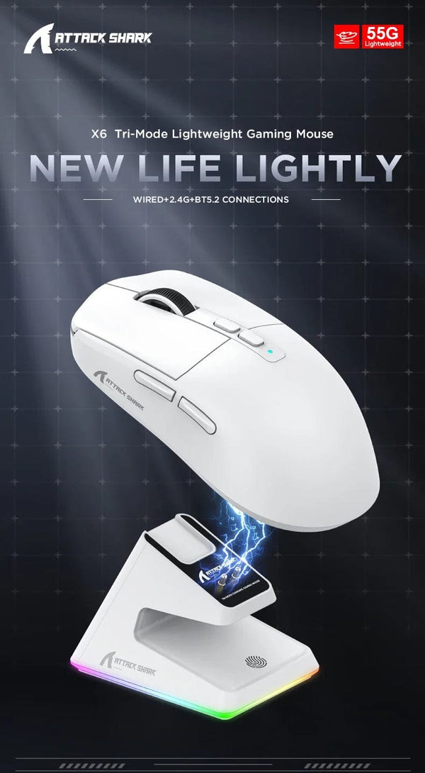 Planet Gates X6 PAW3395 Bluetooth Mouse,2.4 Tri-Mode Connection, RGB Touch Magnetic Charging Base, Macro Gaming Mouse