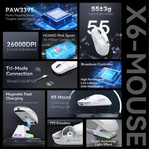 Planet Gates X6 PAW3395 Bluetooth Mouse , Tri-Mode Connection, RGB Touch Magnetic Charging Base, Macro Gaming Mouse