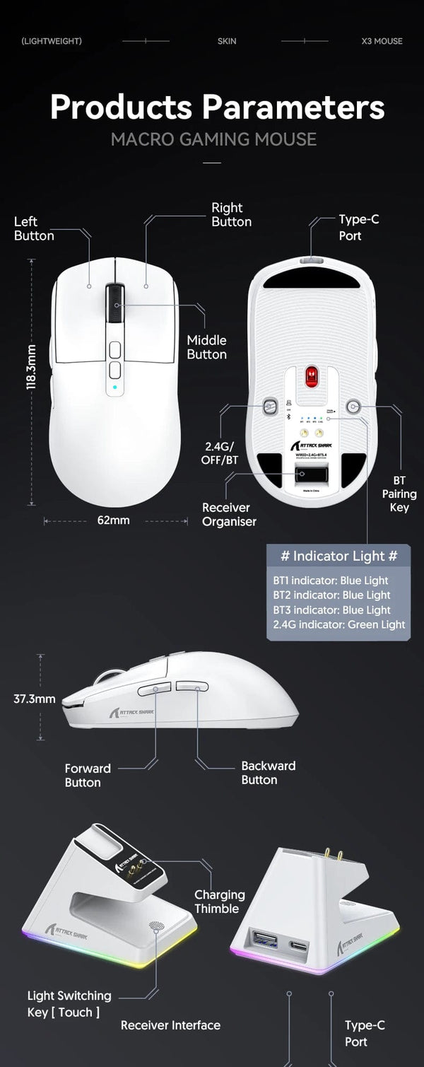 Planet Gates X6 PAW3395 Bluetooth Mouse , Tri-Mode Connection, RGB Touch Magnetic Charging Base, Macro Gaming Mouse