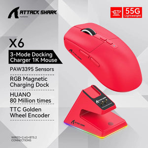 Planet Gates X6 Red X6 PAW3395 Bluetooth Mouse , Tri-Mode Connection, RGB Touch Magnetic Charging Base, Macro Gaming Mouse
