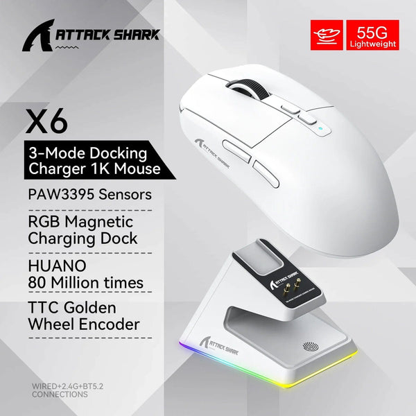 Planet Gates X6 White X6 PAW3395 Bluetooth Mouse , Tri-Mode Connection, RGB Touch Magnetic Charging Base, Macro Gaming Mouse
