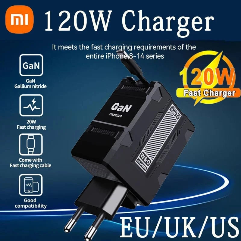 Planet Gates Xiaomi 120W GaN Fast Charger Compatible  With Retractable Type-c And Ligtning Cable Portable Adapter For Iphone 16 Ipad Macbook
