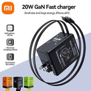 Planet Gates XIAOMI GaN Charger Compatible with 120W Fast Charger Retractable Type-C ligting Cable Portable Adapter For iPhone iPad Samsung