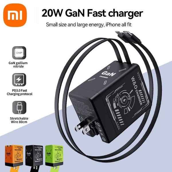 Planet Gates XIAOMI GaN Charger Compatible with 120W Fast Charger Retractable Type-C ligting Cable Portable Adapter For iPhone iPad Samsung