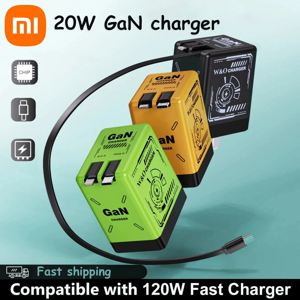 Planet Gates XIAOMI GaN Charger Compatible with 120W Fast Charger Retractable Type-C ligting Cable Portable Adapter For iPhone iPad Samsung