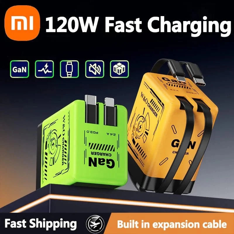 Planet Gates Xiaomi GaN120W Ultra Fast Charger With Retractable Type-C Lightning Cable Fast Charging Adapter For iPhone16 iPad Samsung Huawei