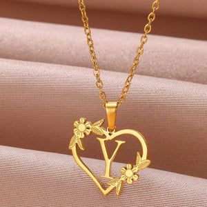 Planet Gates Y / 45cm / CHINA Gold Color Dainty Flower Initials Necklace Women Girl Stainless Steel Heart Letter Choker Necklace Best Gifts Alphabet Jewelry