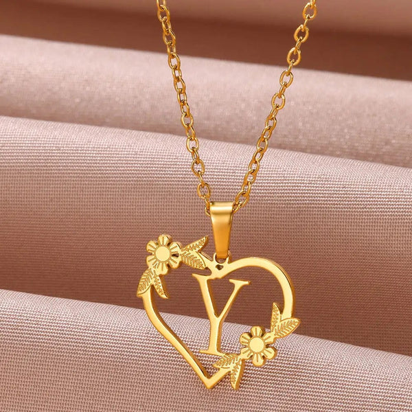 Planet Gates Y / 45cm / CHINA Gold Color Dainty Flower Initials Necklace Women Girl Stainless Steel Heart Letter Choker Necklace Best Gifts Alphabet Jewelry