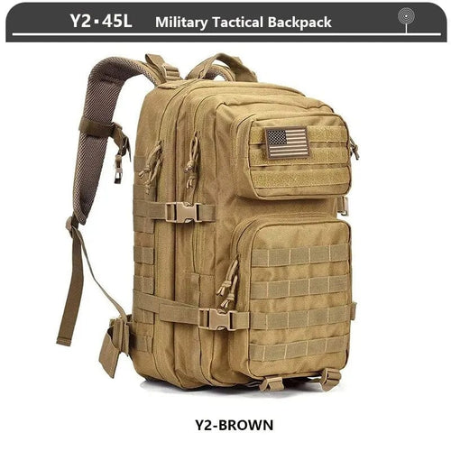 Planet Gates Y2 BROWN Military Tactical Backpack 3 Day Assault Pack Army Molle Bag 38/45L Large Outdoor Waterproof Hiking Camping Travel 600D Rucksack