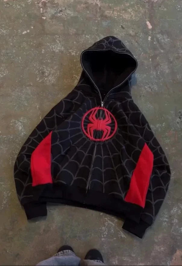 Planet Gates Y2K American Spider Pattern Embroidery Zip Up Hoodie Men Women Gothic Harajuku Jacket Fashion Hoodie Sweatshirt Casual Clothes