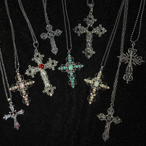 Planet Gates Y2K Punk Crystal Big Cross Pendant Necklaces for Women Men Gothic Irregular Cross Clavicle Chain Necklaces Aesthetic Jewelry