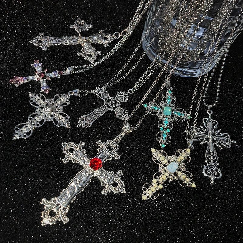 Planet Gates Y2K Punk Crystal Big Cross Pendant Necklaces for Women Men Gothic Irregular Cross Clavicle Chain Necklaces Aesthetic Jewelry
