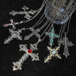 Planet Gates Y2K Punk Crystal Big Cross Pendant Necklaces for Women Men Gothic Irregular Cross Clavicle Chain Necklaces Aesthetic Jewelry