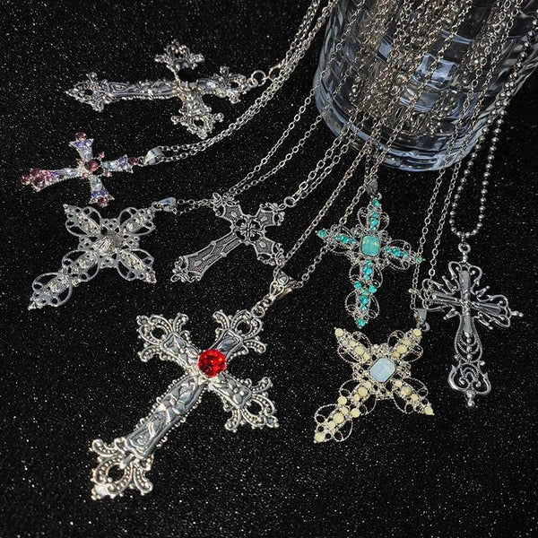 Planet Gates Y2K Punk Crystal Big Cross Pendant Necklaces for Women Men Gothic Irregular Cross Clavicle Chain Necklaces Aesthetic Jewelry