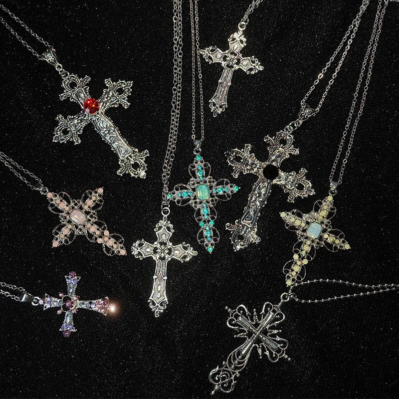 Planet Gates Y2K Punk Crystal Big Cross Pendant Necklaces for Women Men Gothic Irregular Cross Clavicle Chain Necklaces Aesthetic Jewelry