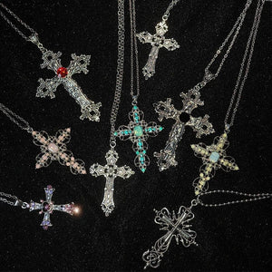 Planet Gates Y2K Punk Crystal Big Cross Pendant Necklaces for Women Men Gothic Irregular Cross Clavicle Chain Necklaces Aesthetic Jewelry