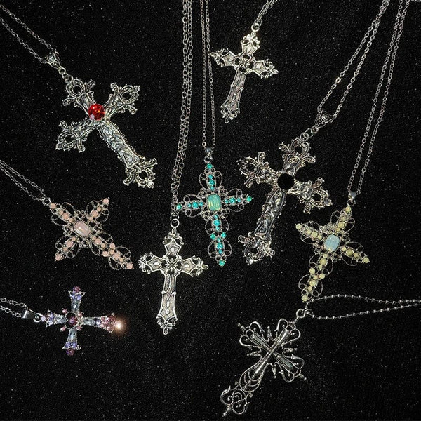 Planet Gates Y2K Punk Crystal Big Cross Pendant Necklaces for Women Men Gothic Irregular Cross Clavicle Chain Necklaces Aesthetic Jewelry