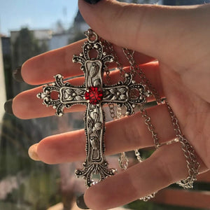 Planet Gates Y2K Punk Crystal Big Cross Pendant Necklaces for Women Men Gothic Irregular Cross Clavicle Chain Necklaces Aesthetic Jewelry