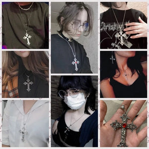 Planet Gates Y2K Punk Crystal Big Cross Pendant Necklaces for Women Men Gothic Irregular Cross Clavicle Chain Necklaces Aesthetic Jewelry