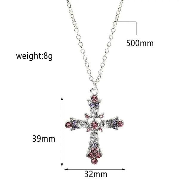 Planet Gates Y2K Punk Crystal Big Cross Pendant Necklaces for Women Men Gothic Irregular Cross Clavicle Chain Necklaces Aesthetic Jewelry