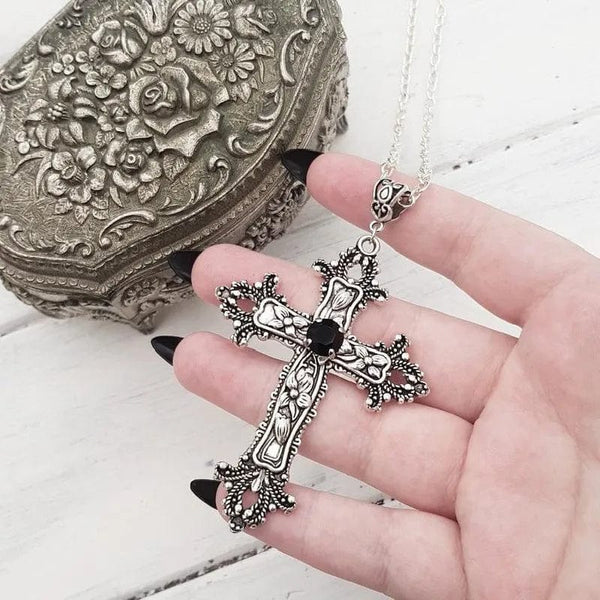 Planet Gates Y2K Punk Crystal Big Cross Pendant Necklaces for Women Men Gothic Irregular Cross Clavicle Chain Necklaces Aesthetic Jewelry