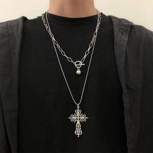 Planet Gates Y2K Punk Crystal Big Cross Pendant Necklaces for Women Men Gothic Irregular Cross Clavicle Chain Necklaces Aesthetic Jewelry
