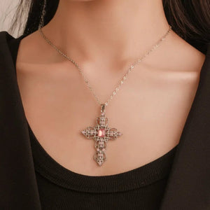 Planet Gates Y2K Punk Crystal Big Cross Pendant Necklaces for Women Men Gothic Irregular Cross Clavicle Chain Necklaces Aesthetic Jewelry