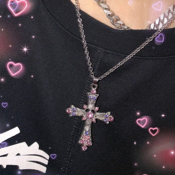 Planet Gates Y2K Punk Crystal Big Cross Pendant Necklaces for Women Men Gothic Irregular Cross Clavicle Chain Necklaces Aesthetic Jewelry