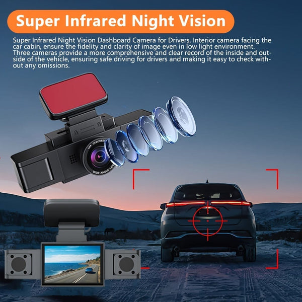 Planet Gates Y99-1 3 Channel Dash Cam for Car Camera Video Recorder Dashcam DVRs Black Box Dual Lens DVR with Rear View Camera 24H Parking Monitor