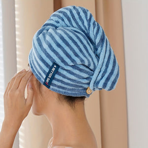 Planet Gates Yangjin Blue / 1pc Quick Dry Cap 1pc Striped Fast-Absorbent Hair Towel Wrap, Comfortable Quick-Drying Hair Turban, Soft Hair Drying Towel, Premium Head Towel Wrap, Bathroom Supplies, Home Supplies