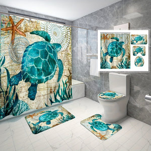 Planet Gates YB-616 180-180 4PS 4pcs Turtle Seaweed Pattern Shower Curtain Set, Waterproof Bath Curtain With Hooks, U-shaped Mat, Toilet Cover Mat, L-shaped Mat, Bathroom Accessories, Home Bathroom Decorations