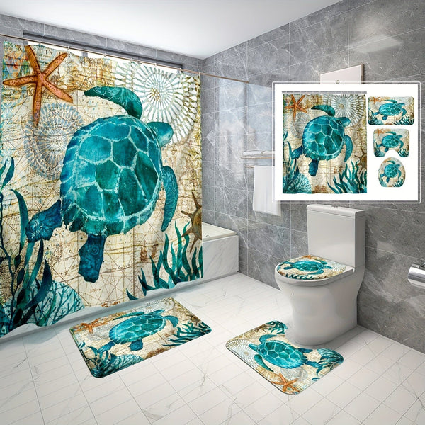 Planet Gates YB-616 180-180 4PS 4pcs Turtle Seaweed Pattern Shower Curtain Set, Waterproof Bath Curtain With Hooks, U-shaped Mat, Toilet Cover Mat, L-shaped Mat, Bathroom Accessories, Home Bathroom Decorations