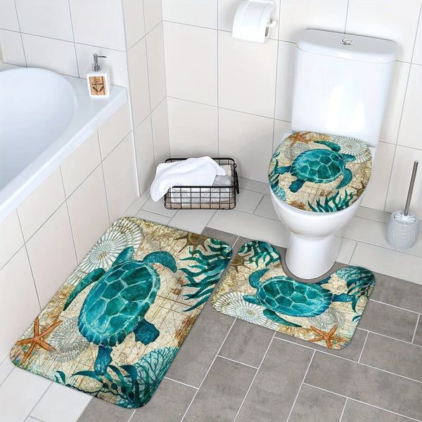 Planet Gates YB-616 180-180 4PS 4pcs Turtle Seaweed Pattern Shower Curtain Set, Waterproof Bath Curtain With Hooks, U-shaped Mat, Toilet Cover Mat, L-shaped Mat, Bathroom Accessories, Home Bathroom Decorations