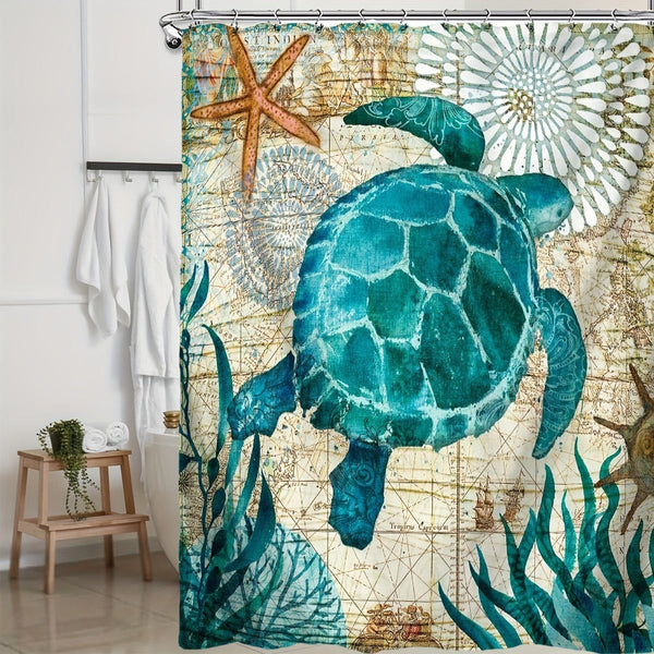 Planet Gates YB-616 180-180 4PS 4pcs Turtle Seaweed Pattern Shower Curtain Set, Waterproof Bath Curtain With Hooks, U-shaped Mat, Toilet Cover Mat, L-shaped Mat, Bathroom Accessories, Home Bathroom Decorations