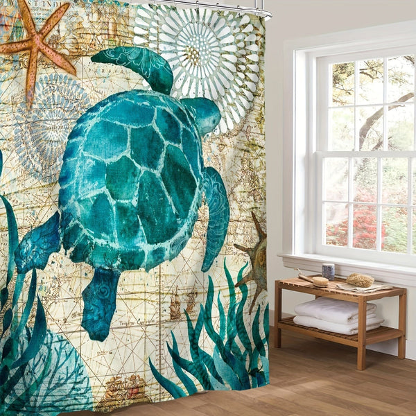 Planet Gates YB-616 180-180 4PS 4pcs Turtle Seaweed Pattern Shower Curtain Set, Waterproof Bath Curtain With Hooks, U-shaped Mat, Toilet Cover Mat, L-shaped Mat, Bathroom Accessories, Home Bathroom Decorations