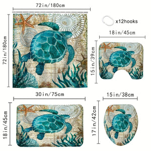 Planet Gates YB-616 180-180 4PS 4pcs Turtle Seaweed Pattern Shower Curtain Set, Waterproof Bath Curtain With Hooks, U-shaped Mat, Toilet Cover Mat, L-shaped Mat, Bathroom Accessories, Home Bathroom Decorations