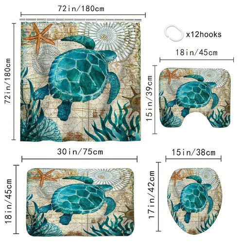 Planet Gates YB-616 180-180 4PS 4pcs Turtle Seaweed Pattern Shower Curtain Set, Waterproof Bath Curtain With Hooks, U-shaped Mat, Toilet Cover Mat, L-shaped Mat, Bathroom Accessories, Home Bathroom Decorations
