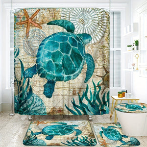 Planet Gates YB-616 180-180 4PS 4pcs Turtle Seaweed Pattern Shower Curtain Set, Waterproof Bath Curtain With Hooks, U-shaped Mat, Toilet Cover Mat, L-shaped Mat, Bathroom Accessories, Home Bathroom Decorations