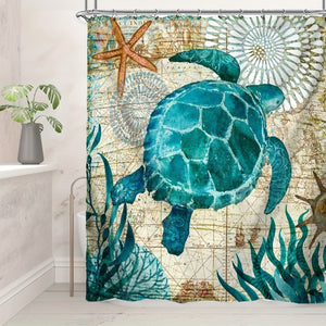 Planet Gates YB-616 180-180 4PS 4pcs Turtle Seaweed Pattern Shower Curtain Set, Waterproof Bath Curtain With Hooks, U-shaped Mat, Toilet Cover Mat, L-shaped Mat, Bathroom Accessories, Home Bathroom Decorations