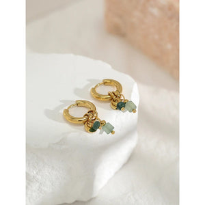 Planet Gates YC0454 YACHAN 18K Gold Plated Stainless Steel Hoop Earrings for Women Vintage Green Natural Stone Charms Trendy Waterproof Jewelry