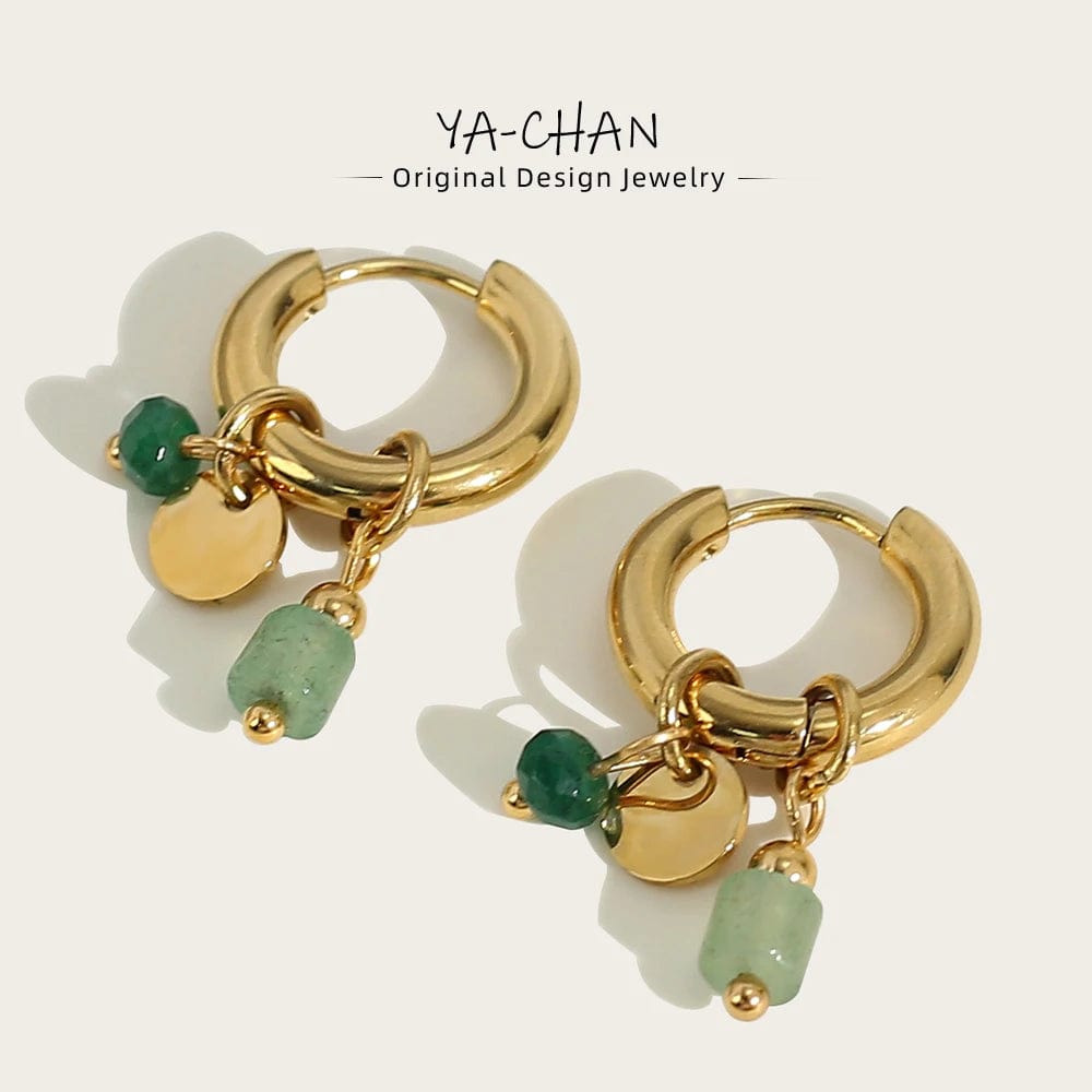 Planet Gates YC0454 YACHAN 18K Gold Plated Stainless Steel Hoop Earrings for Women Vintage Green Natural Stone Charms Trendy Waterproof Jewelry