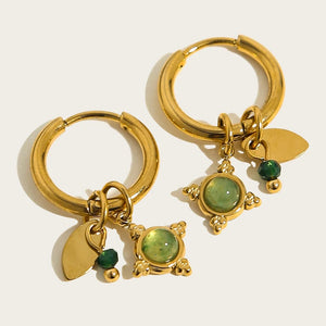 Planet Gates YC0454 YACHAN 18K Gold Plated Stainless Steel Hoop Earrings for Women Vintage Green Natural Stone Charms Trendy Waterproof Jewelry