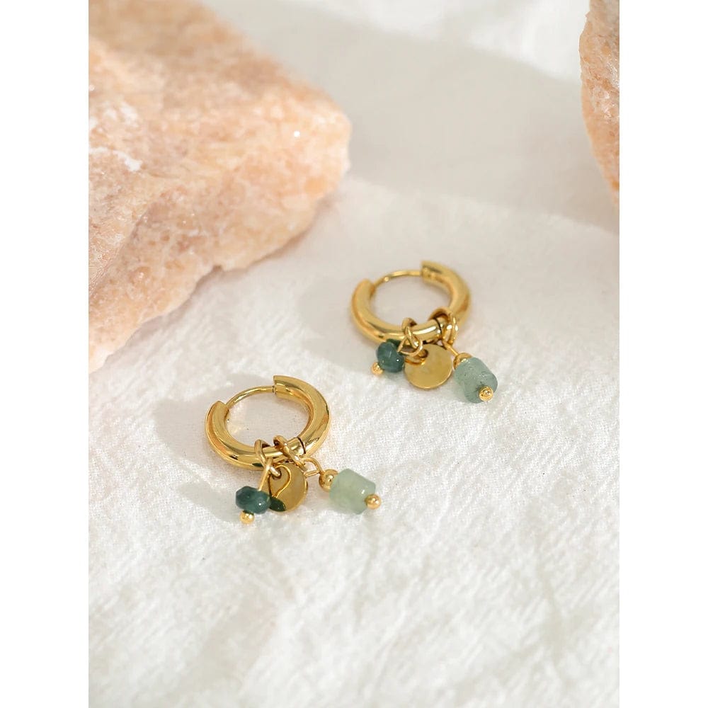 Planet Gates YC0454 YACHAN 18K Gold Plated Stainless Steel Hoop Earrings for Women Vintage Green Natural Stone Charms Trendy Waterproof Jewelry