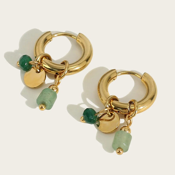 Planet Gates YC0454 YACHAN 18K Gold Plated Stainless Steel Hoop Earrings for Women Vintage Green Natural Stone Charms Trendy Waterproof Jewelry