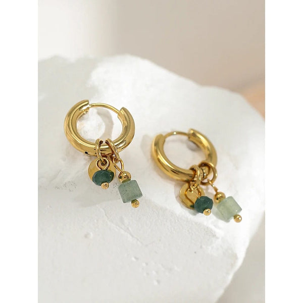Planet Gates YC0454 YACHAN 18K Gold Plated Stainless Steel Hoop Earrings for Women Vintage Green Natural Stone Charms Trendy Waterproof Jewelry